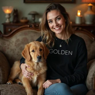 golden retriever tee womens - dog and woman in vintage room